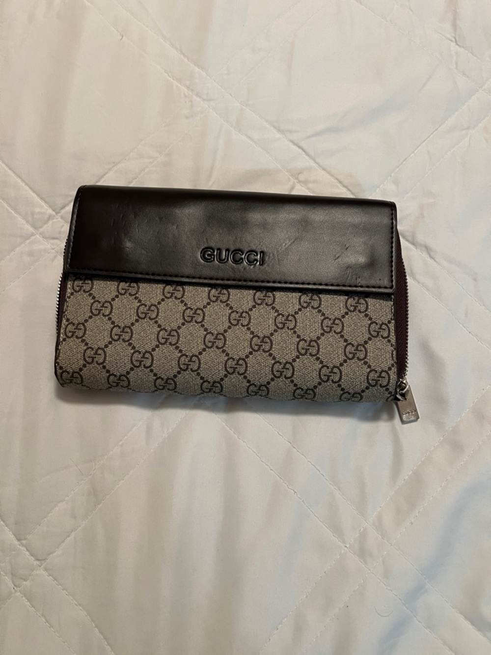 Gucci Beige Monogram and Dark Brown Leather Zip Wallet